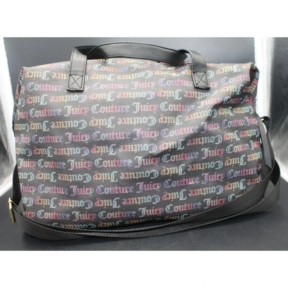 Juicy Couture Rainbow Logo Print Satchel Duffel Shoulder Bag Black Crown Charm